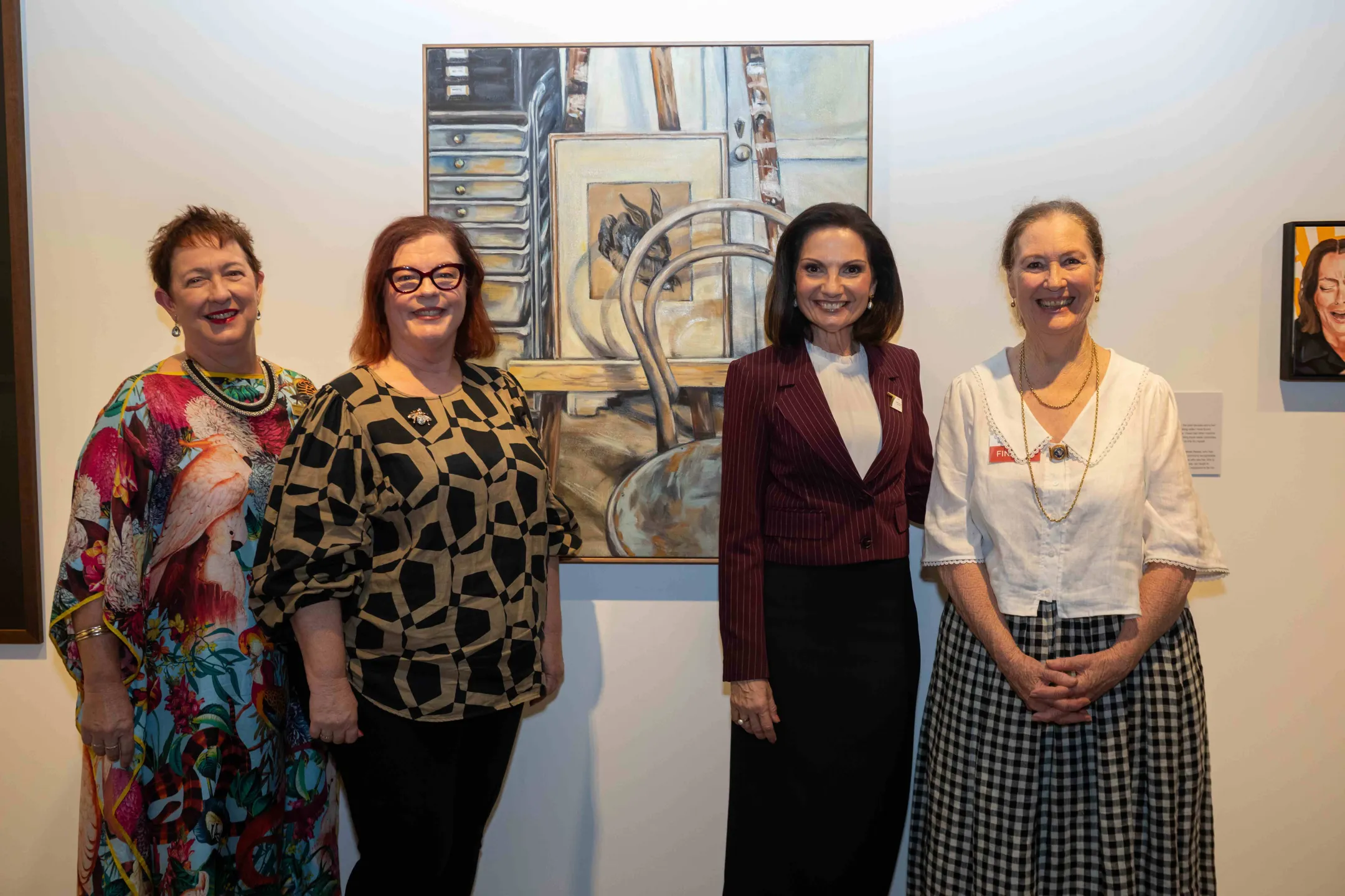 President of Friends, Caloundra Regional Gallery Fiona Heiner, guest judge Kerryanne Ferrer, Sunshine Coast Mayor Rosanna Natoli, Best in Show Acquisitive Award winner Marvene Ash at the Local Contemporary Art Prize 2026 winner’s announcement.